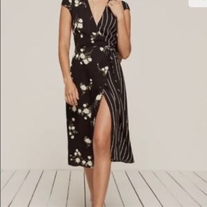 Reformation Sabrina Black Striped Floral Wrap Dress Size Small